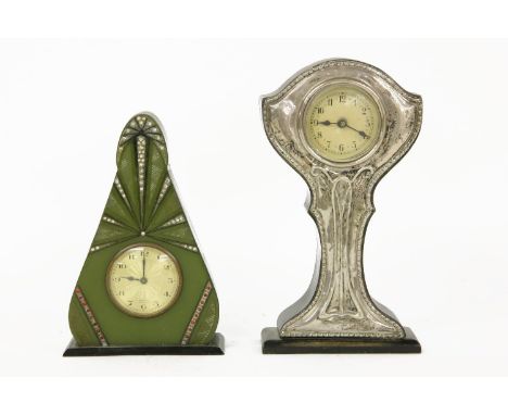 An Art Nouveau silver mounted mantel clock, Birmingham 1913, 19cm high, and a green and black plastic Art Deco mantel clock, 