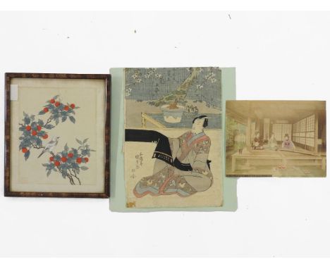 A Chinese scroll painting, 20th century, with two ladies picking prunus in the snow, ink and colour on paper, a Chinese pictu