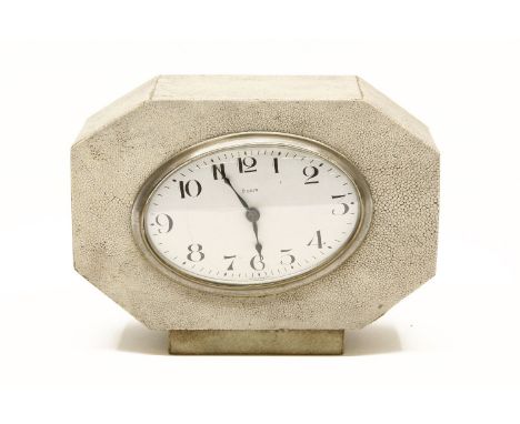 An Art Deco shagreen mantle clock, of octagonal form on a plinth base, 16cm high