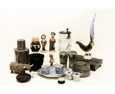 A collection of miscellania, to include Goebel ceramic figures, a blue and white inkwell stand, a pewter inkwell stand, a gla