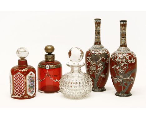 A pair of early 20th century Japanese cloisonne bottle vases, decorated with birds of pray, two Continental ruby glass and en