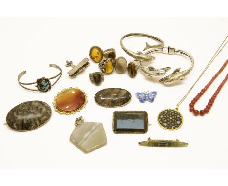 A collection of silver jewellery and costume jewellery, to include a silver blue and green enamel  butterfly brooch, by John 