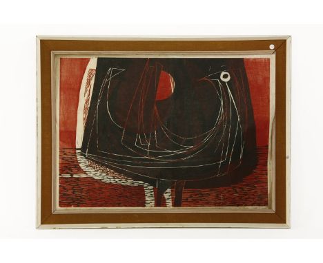 A 1964 limited edition print of a bird, in red and black hues, framed
