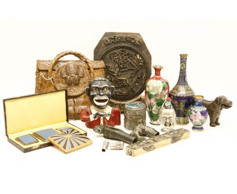 Sundries: two cloisonne vases, printing block, money box, nut cracker, etc