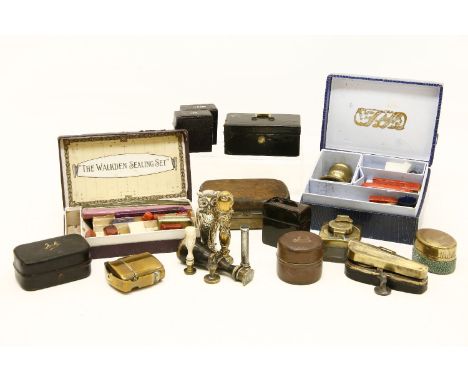 A collection of travelling writing cases, cased seals, and inks,to include the Walkden sealing set, Georgian sealing set and 