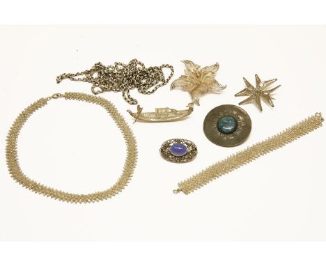 A collection of costume jewellery, to include a silver belcher guard chain, an Arts & Crafts Ruskin style blue enamel plaque 