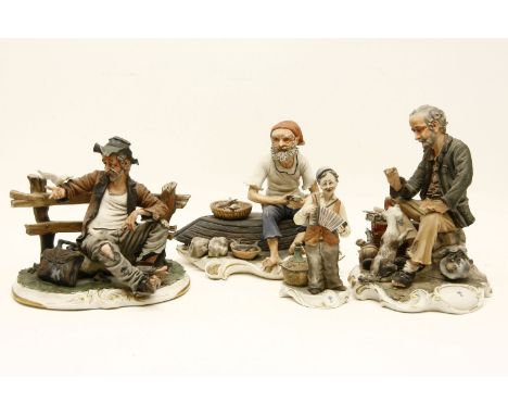 Four Naples Capodimonte figures, including the Tramp with Dog, Fisherman and Tramp on bench