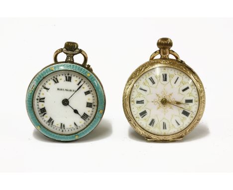 A Continental fob watch, white enamel dial with Arabic numerals, marked 14k (damage to enamel on reverse) and another Contine