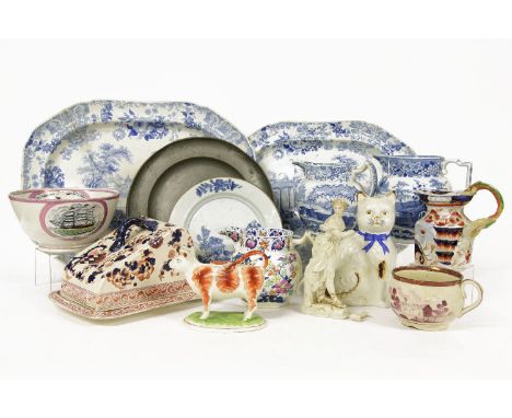 A collection of mixed blue and white painted pottery, a Sunderland lustre bowl, a pewter dish, a copper lustre spittoon, a co