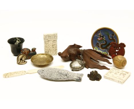 A quantity of Chinese items,to include 19th century carved ivory paper knife, card case and box, a monkey netsuke cloisonne d