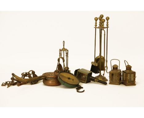 A collection of copper and brass wares to include, a Salter 2001b scale, fire irons, lanterns and a brass 'Patent, double car