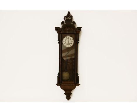 A Vienna regulator wall clock, rearing horse crest and white enamel dial, 130cm tall overall