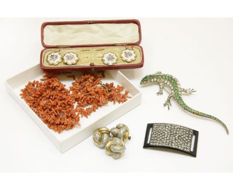 A collection of costume jewellery, to include three rolled gold and aluminium buttons (c.1930-40) later converted to screw ea
