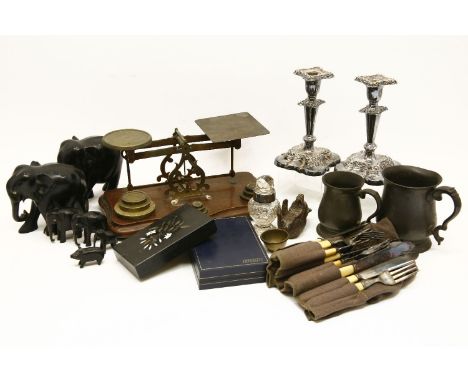 A collection of miscellaneous items,to include a pietra dura desk weight, brass postal scales, a cut glass and white metal pe