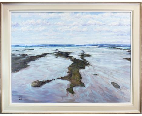 * TOM BARRON, ROCKS AND SHORE, MACHRIHANISH oil on canvas, signed. Titled verso. 92cm x 120cm Framed. Note: Tom Barron is a S