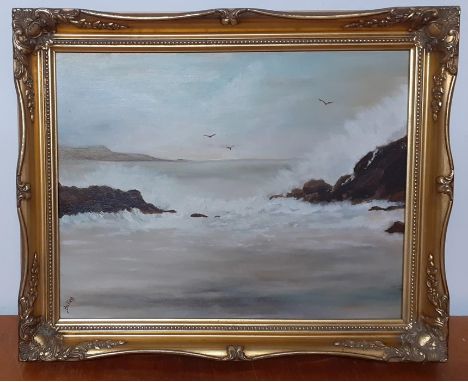 An oil on canvas depicting a seascape, signed and framed.