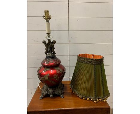A Glass table lamp with gilt frame and cherub theme
