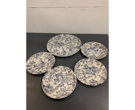 A serving plate and four side plates by Tiffany and Co "New York Toile" 1994