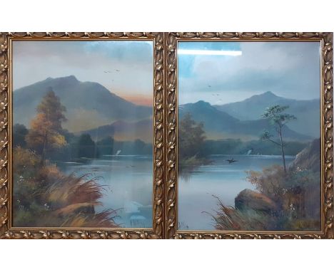 A pair of paintings depicting a landscape with a lake, signed 'R. Wilson', oil on canvas, framed and glazed (38.5x19.5 cm). (