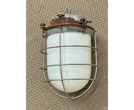 An Opaline Industrial lamp, with cage.