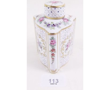 A porcelain tea caddy marked 'Swansea' with floral decoration - lid a/f