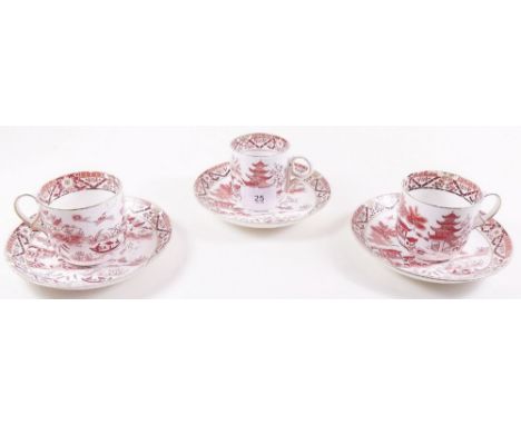 A 19th century set of eight Graingers Worcester cups and saucers painted Chinoiserie scenes in iron red