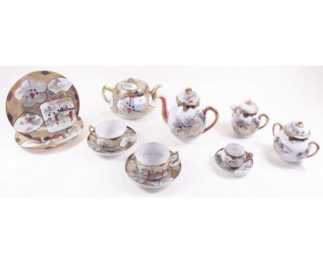 A Japanese eggshell teaset comprising: teapot, milk, sugar, six cups and saucers, six side plates plus another similar compri