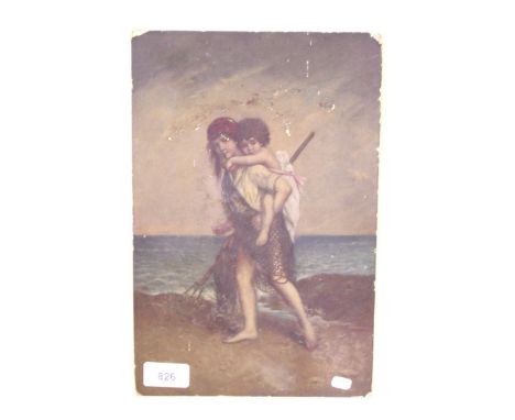 An oil artists board Italian style coastal scene with child and a baby holding fishing trident and nets, 30 x 20cm