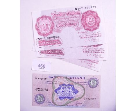 A group of three Bank of England ten shilling bank notes - L K O'Brien prefix: C242, N84Y & 057Y - plus a Bank of Scotland £1