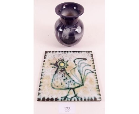 A 1960's pottery cockerel tile and an Ault vase decorated owl 