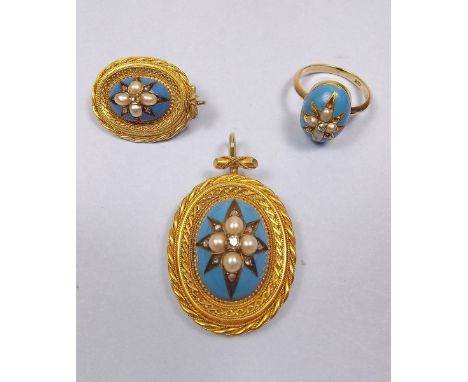 A Victorian 18 carat gold turquoise enamel, pearl and diamond set demi-parure comprising pendant, brooch and ring