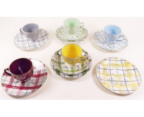 A 1960's harlequin tea service comprising five cups and saucers and six tea plates