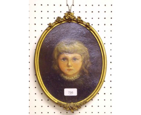 A Victorian oil on artists board portrait of a young girl in gilt frame, inscriptions to verso - 24 x 19cm