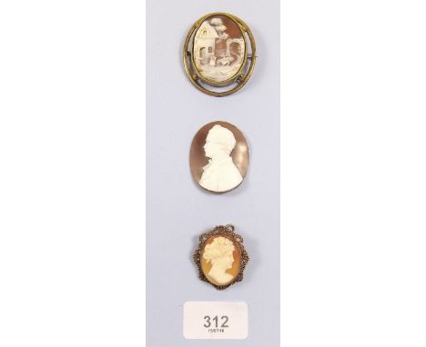 A shell carved cameo portrait, a Victorian cameo brooch and another cameo brooch/pendant in filigree frame