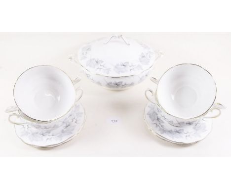 A Royal Albert 'Silver Maple' dinner service comprising: eight teacups, nine saucers, cream jug, sugar bowl, twelve side plat