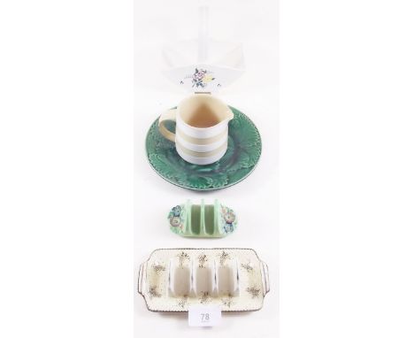 A Poole floral painted basket, a Crown Devon toast rack, T Green jug etc