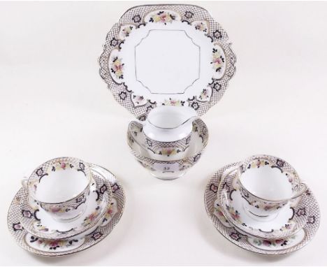 A Stanley tea service with floral border comprising: eleven tea cups, twelve saucers, twelve plates, one milk jug, one sugar 