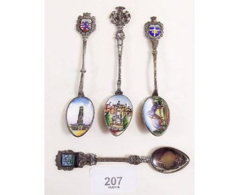 Three 800 standard silver and enamel teaspoons and one white metal spoon