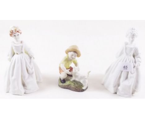 A Royal Worcester figure of a young boy with cat  and two figures 'Grandmothers Dress' - all unmarked