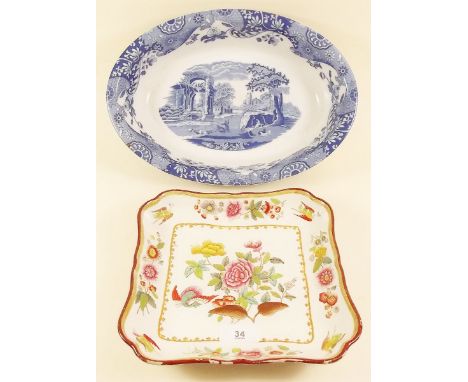 A Victorian Copeland Spode square dish painted flowers and a modern Spode blue and white oval dish
