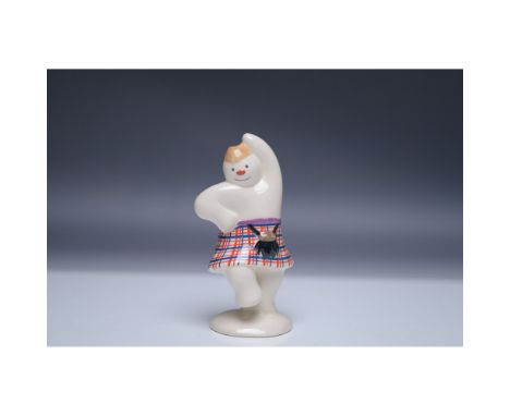 This charming Royal Doulton figurine, titled The Highland Snowman, features a delightful snowman character dressed in a vibra