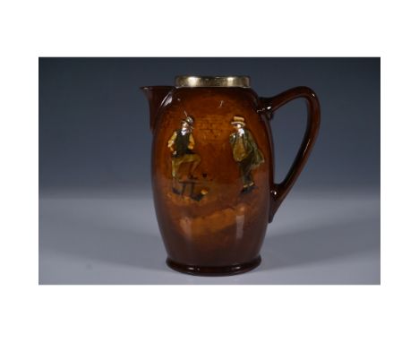 This Royal Doulton Kingsware pitcher features a deep brown glaze with a relief scene of two gentlemen in period attire, showc
