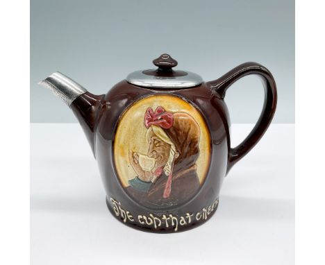 Royal Doulton Kingsware teapot featuring The Cup That Cheers motif, showcasing a relief portrait of a woman enjoying tea. Thi