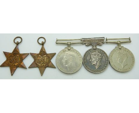 British Army WWII medals comprising 1939/1945 Star, Africa Star, Defence Medal, War Medal and Long Service &amp; Good Conduct