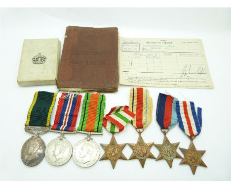 British Army WWII medals comprising 1939/1945 Star, France &amp; Germany Star, Africa Star, Italy Star, Defence Medal, War Me