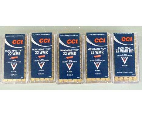Two-hundred-and-fifty CCI Maxi-Mag .22 WMR HP rifle cartridges, all sealed in original boxes.&nbsp;PLEASE NOTE THAT A VALID R