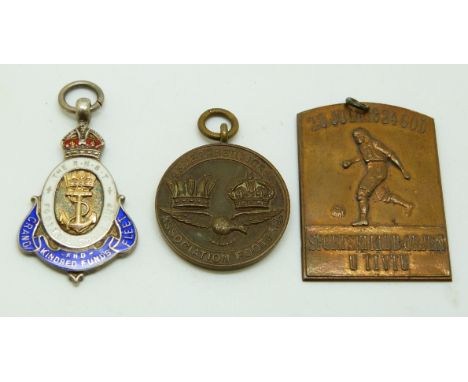 Hallmarked silver and enamel football medal marked The RNST Football Challenge Cup Grand Fleet and Kindred Funds, 9.5g togeth