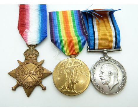 British Army WWI medals comprising 1914/1915 Star, War Medal and Victory Medal named to 124007 Pioneer A Cartwright, Royal En