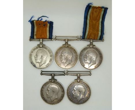 British Army WWI medals comprising five War Medals named to 52496 Sgt T A George MGC, 88219 Pte N Gough MGC, 57369 Pte J W Ba