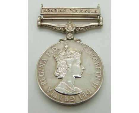 Royal Air Force General Service Medal with clasps for Arabian Peninsula, named to 4149567 LAC R G Morrison, RAF